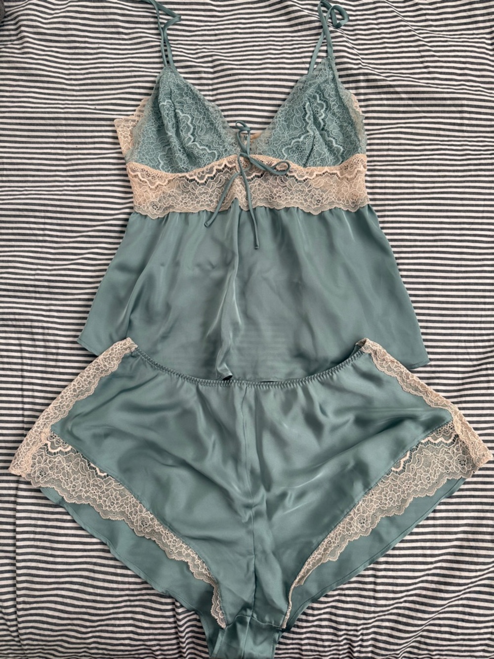Victoria's Secret Sage Green Cami & Shorts Sleep Set with Cream Lace
